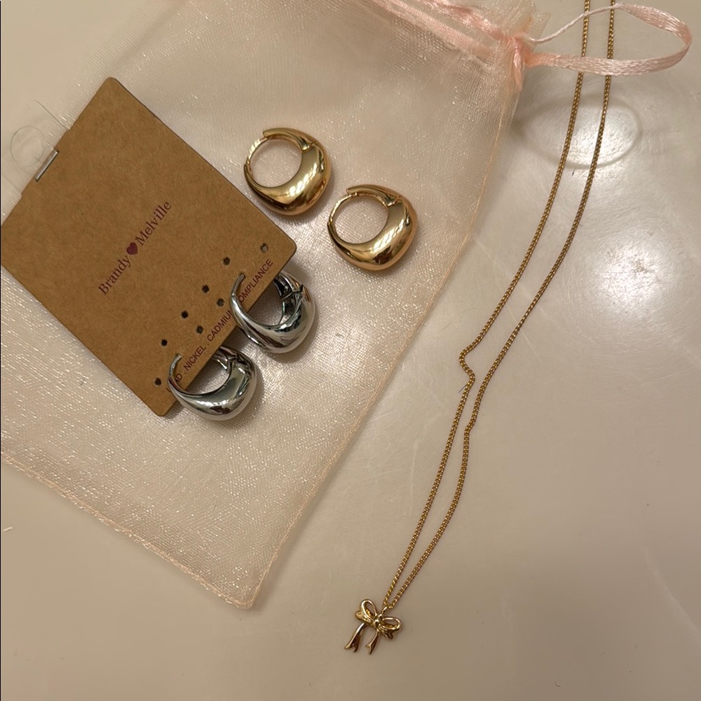Gold and Silver Earrings with Bow Necklace